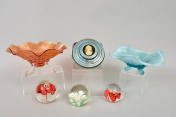 Collection Of Carnival Glass, Paperweights And Music Box
