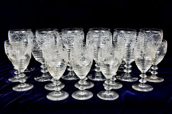 Set Of Ten Grape Design Crystal Wine Glasses And Set Of Ten Crystal Cordial Glasses