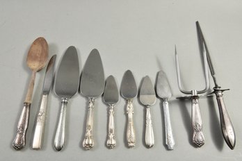 Assorted Sterling Silver Handled Cheese Knives, Pie Knives, Knife Sharpener, Meat Dagger And More