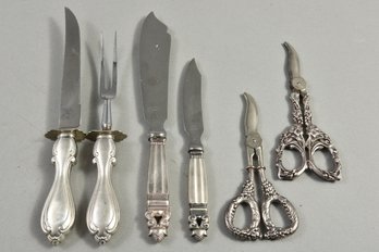 Georg Jensen Acorn Sterling Silver Cake And Fish Knife , Pair Of Voss Cut Co Germany Grape Scissors And More