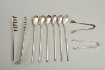 Set Of Six Sterling Silver Ice Tea Spoons, Set Of Two Sterling Silver Sugar Cube Tongs And Christofle Tong