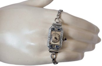 Brunvil Watch Co. 14k White Gold Diamond And Sapphire Ladies Art Deco Watch With Sapphire Crown