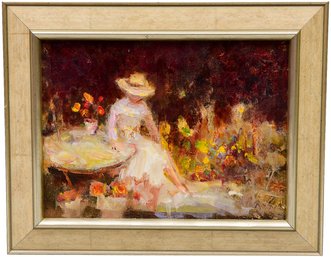 Signed Ross Oil On Board Painting Of A Woman Sitting At A Table
