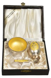 Meka Sterling Denmark Enamel Pepper Shaker, Salt Cellar And Spoon In Original Box