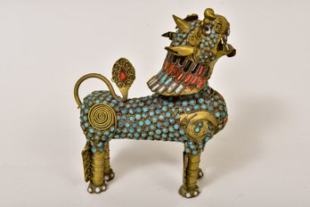 Vintage Brass Foo Dog Quilt Snuff Holder Figurine Beaded Dragon Lion