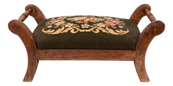 Vintage French Country Two Handle Floral Needlepoint Cricket Foot Stool