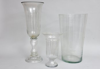 Large Hand Made Portugal Glass Hurricane Vase, Large Cylinder Vase And Smaller Hand Blown Vase