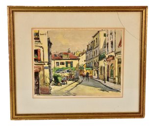 Signed Seguie Original Watercolor Of A 1950 Paris Street Scene