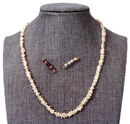 Pair Of 14k Gold Pearl Garnet Beaded Pins And Pearl Necklace With 14k Gold Clasp