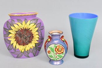 K. Gullo 1993 Ceramic Sunflower Vase, Japanese Lusterware Vase And Villeroy & Boch Turquoise Blue Vase