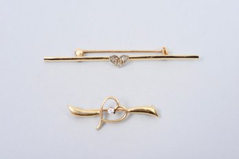 Pair Of 14K Yellow Gold And Diamond Heart Pins