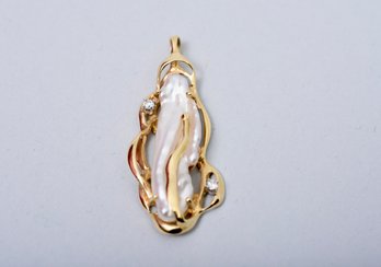 14K Yellow Gold Diamond And Pearl Pendant