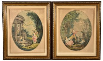 Pair Of Francois Rolland Elluin After Jacque Charlier Antique Framed Oval Prints Depicting Courting Couples