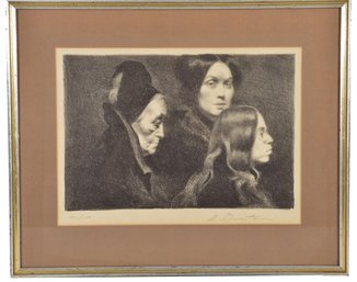 Signed Harvey Dinnerstein (American, B. 1929) Framed Etching Three Generations Of Women