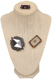 Sterling Silver Mother Of Pearl Onyx And Marcasite Brooch, Art Deco Enamel Marcasite Camphor Brooch And More