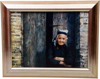 Oil On Canvas Painting Of An Elderly Lady