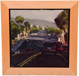 Signed MV Oil On Board Painting Of A Car Driving Down The Street