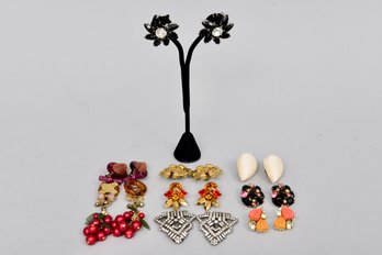 Collection Of Eight Pairs Of Clip On Earrings (Weiss, Lisner) And One Pair Of Vintage Rhinestone Shoe Clips