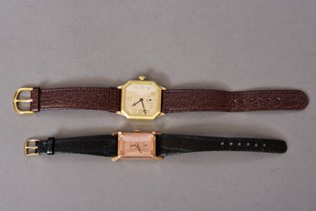 Pair Of Men's Watches - Bulova With Movado Leather Strap And Waltham With Genuine Leather Strap