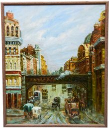 Signed Illegible Oil On Board Painting Of A Street Scene With Cars