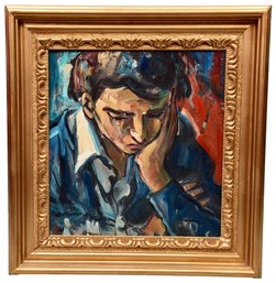 Signed Illegible Oil On Board Painting Titled 'Chess Player' In Gilt Wood Frame