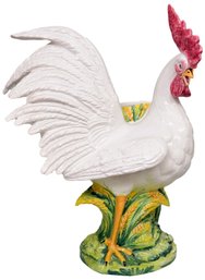 Large Handmade Ceramic White Rooster Planter/Vase - Made In Italy
