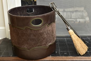 Leather And Suede Handled Firewood Basket With Broom And Fire Log Carrier