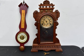 German Barometer And Carved Wooden Clock