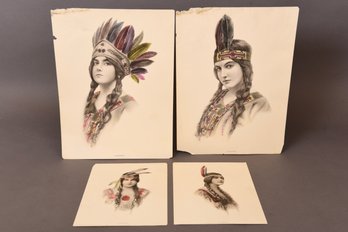 Set Of Four Antique Circa 1911/1912 Schlesinger Bros. Maiden Indians In Headdress Colored Prints