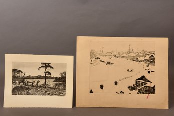 Tali-Crome Print Of Etching By A. Lassell Ripley Titled 'Good Hunting' And Signed Pencil Drawing Of A Village