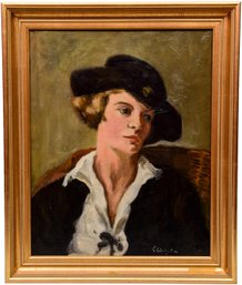 Signed C. Livingston Oil On Canvas Portrait Of A Woman Wearing A Black Hat