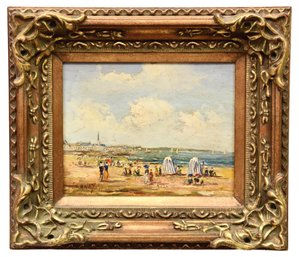 Signed Carney Oil On Canvas Painting Of A Beach Scene In Carved Wood Gilt Frame