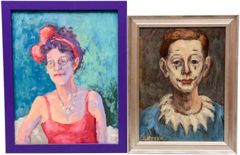 Signed S. Rosen Oil On Board Painting Of A Clown And Oil On Canvas Painting Of A Woman