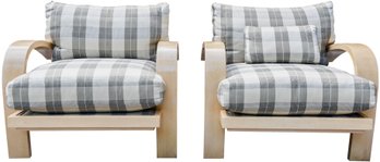 Pair Of Tank Style Armchairs With Plaid Upholstered Cushions