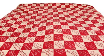 Antique Circa 1892 Embroidered Signature Quilt With Red And White Quilt Top
