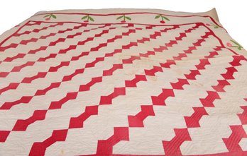 Vintage Red And White Bow Tie Quilt With Floral Border