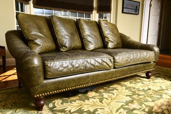 Custom Distressed Ralph Lauren Style Leather Three Cushion Sofa With Down Filled Reversible Cushions