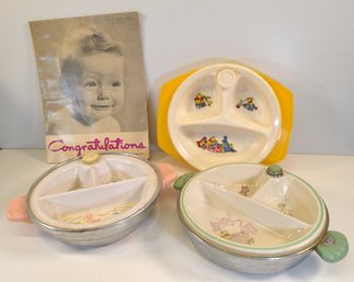 Three 1940's Vintage Divided Baby Warming Plates By Baby Bartsch, Excello & Sears- 1953 New Mother Magazine