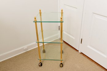 Brass Three Tiered Glass Storage / Display Shelf On Casters
