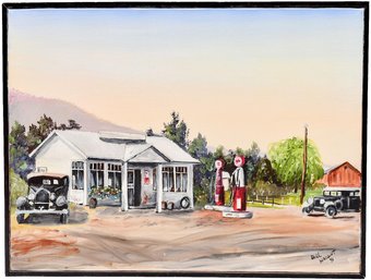 Signed Bill Haight '91 Oil On Canvas Painting Of A Gas Station