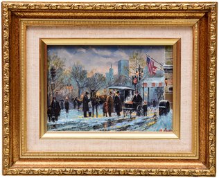 Signed A. Sadd Oil On Board Painting Of A Street Scene With People And Horse And Carriage