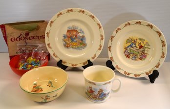 Vintage Royal Doulton Bunnykins Collectible Children's Dishware & 1930's Homer Laughlin Bowl, Tom Thumb