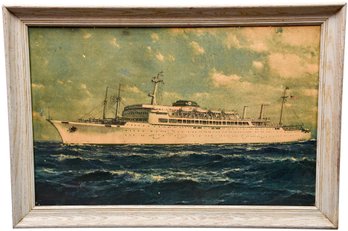 Unsigned Oil On Board Painting Of A Cruise Ship With The Initial 'M'