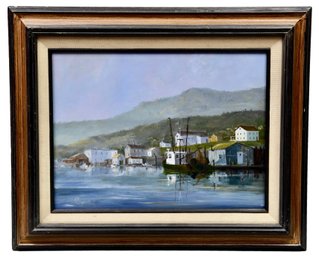 Signed Cusack Oil On Board Painting Of A Fishing Trolley Docked