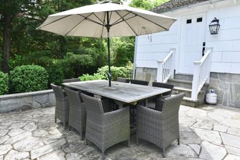 Teak Outdoor Patio Dining Table, Set Of Eight Rattan Arm Chairs, And Galtech Patio Umbrella With Stand