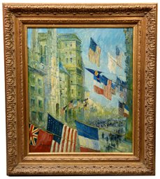 Signed Mogan French 20th Century Oil On Canvas Painting Depicting Allies Day, May 1917 In Wood Gilt Frame