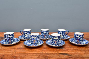 Set Of Seven Decorated In Hong Kong Porcelain Tea Cups And Saucers