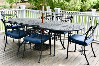 Cast Aluminum Outdoor Patio Dining Table And Six Matching Chairs With Sunbrella Cushions