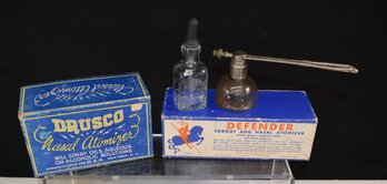 Vintage Amber Atomizer, Dropper Bottle, Drusco Nasal Atomizer And Defender Throat Nasal Atomizer