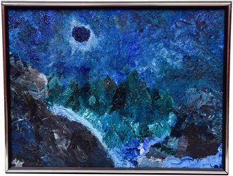 Signed MS Oil On Canvas Painting Of A Forest And The Moon